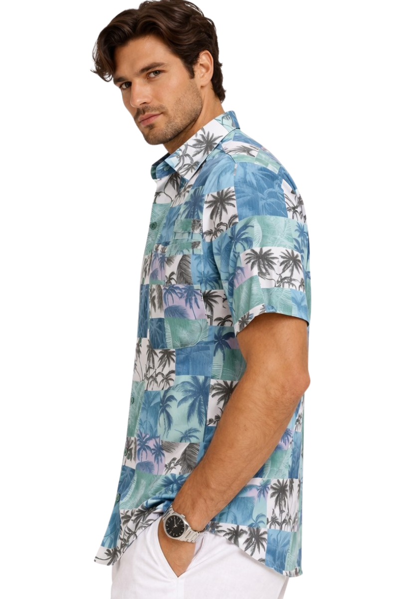 Blue Palm Patchwork Fishing Shirt – Salt Water Tide Collection - MCX3834 - Casual Tropical Wear