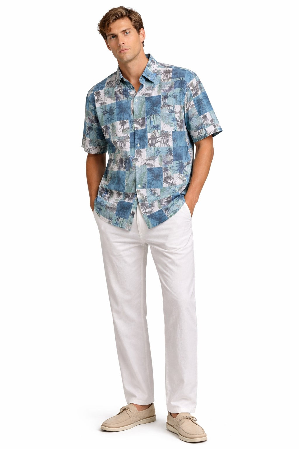 Blue Palm Patchwork Fishing Shirt – Salt Water Tide Collection - MCX3834 - Casual Tropical Wear