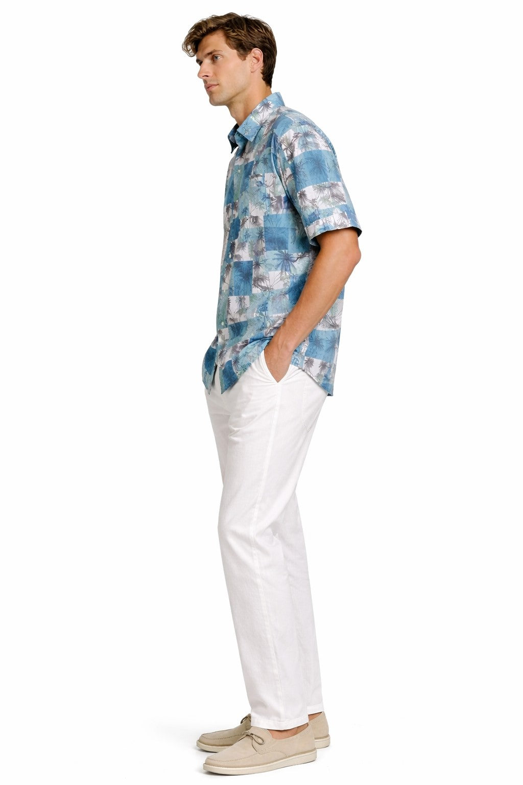 Blue Palm Patchwork Fishing Shirt – Salt Water Tide Collection - MCX3834 - Casual Tropical Wear