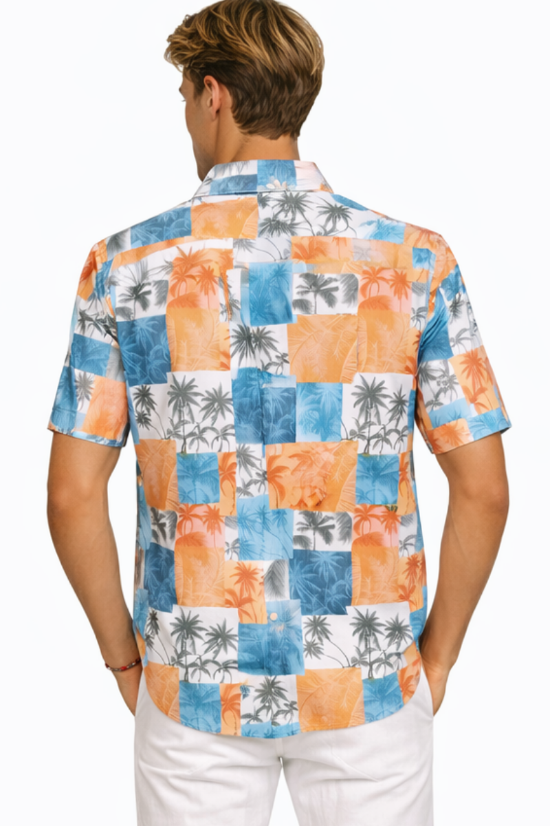 Coral Blue Patchwork Palm Short Sleeve Shirt – Tropical Tide Collection - MCX3835 - Casual Tropical Wear