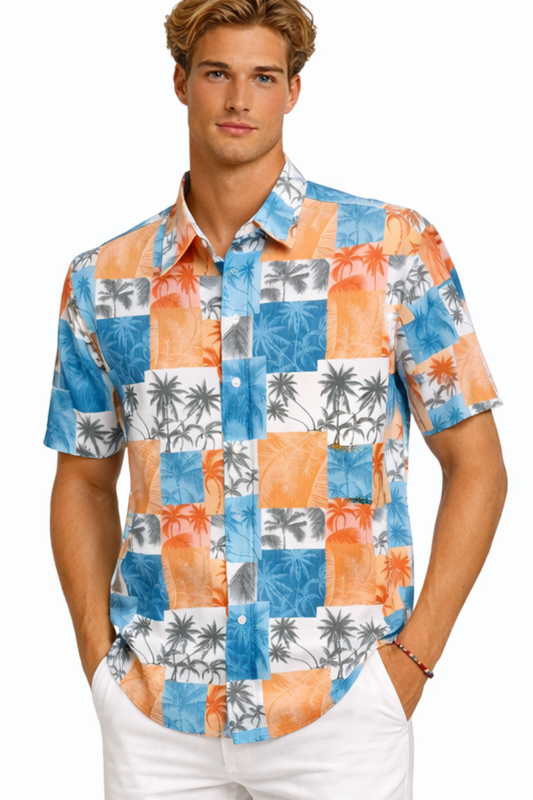 Coral Blue Patchwork Palm Short Sleeve Shirt – Tropical Tide Collection - MCX3835 - Casual Tropical Wear