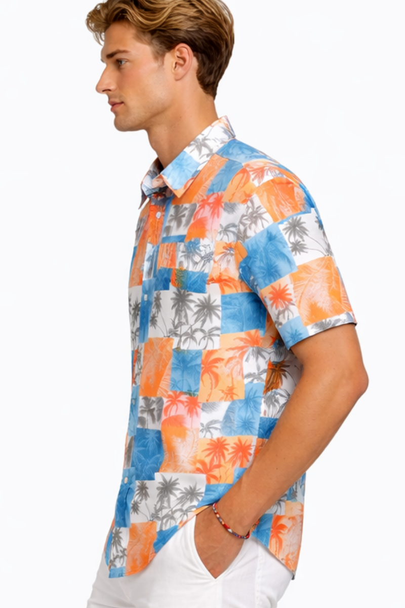 Coral Blue Patchwork Palm Short Sleeve Shirt – Tropical Tide Collection - MCX3835 - Casual Tropical Wear