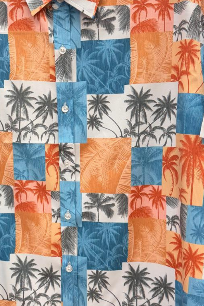 Coral Blue Patchwork Palm Short Sleeve Shirt – Tropical Tide Collection - MCX3835 - Casual Tropical Wear