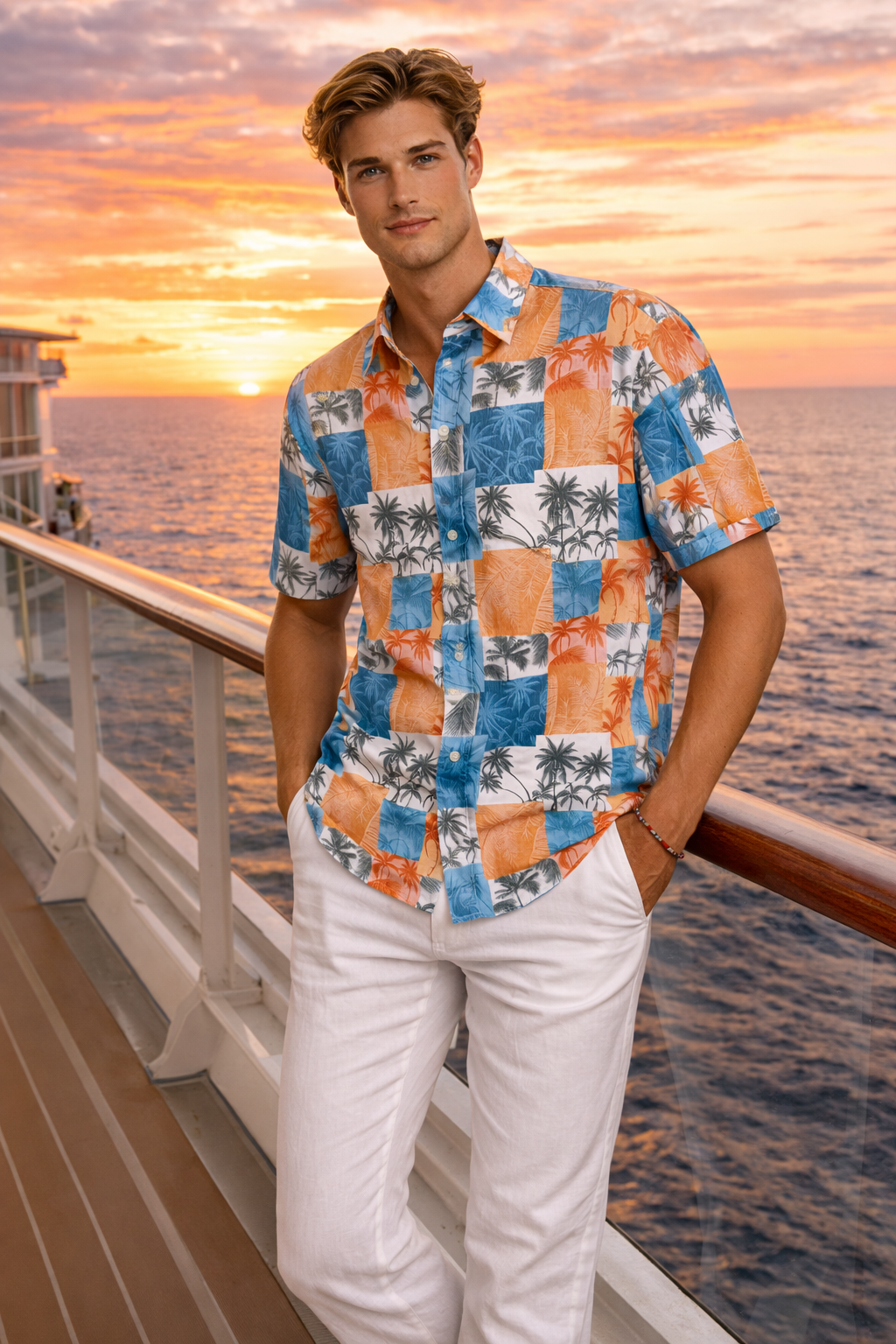 Coral Blue Patchwork Palm Short Sleeve Shirt – Tropical Tide Collection - MCX3835 - Casual Tropical Wear