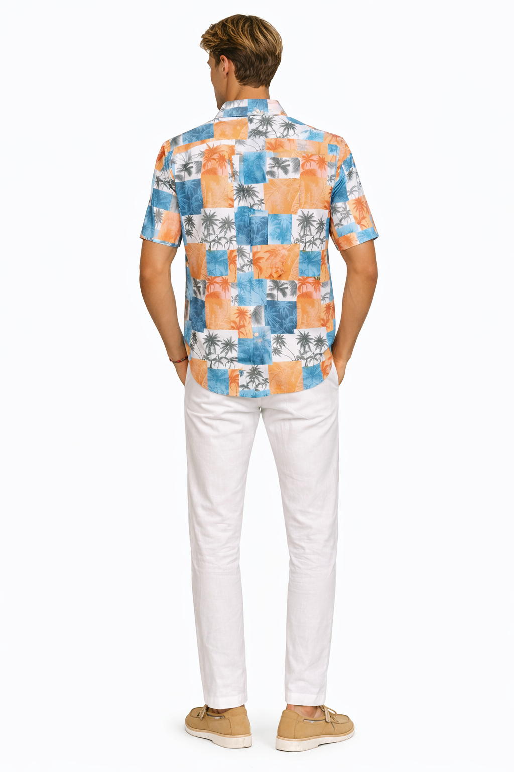 Coral Blue Patchwork Palm Short Sleeve Shirt – Tropical Tide Collection - MCX3835 - Casual Tropical Wear