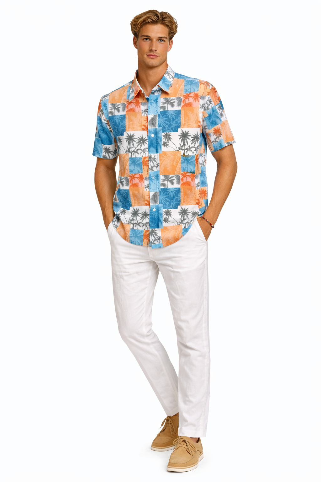 Coral Blue Patchwork Palm Short Sleeve Shirt – Tropical Tide Collection - MCX3835 - Casual Tropical Wear