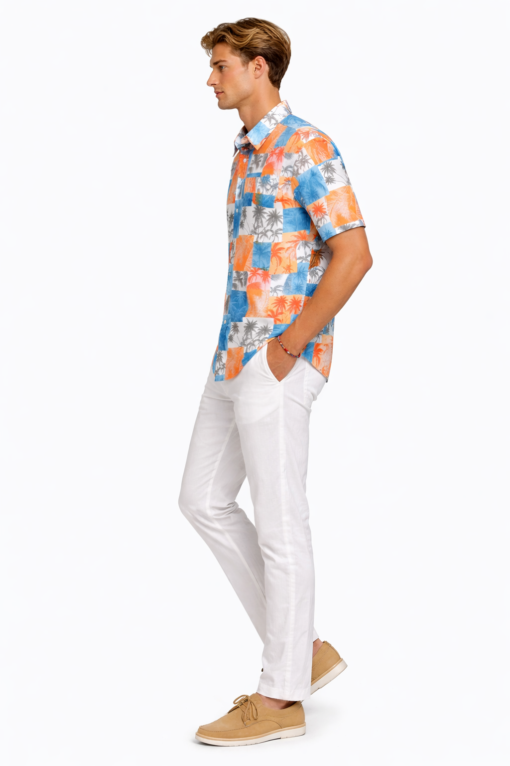 Coral Blue Patchwork Palm Short Sleeve Shirt – Tropical Tide Collection - MCX3835 - Casual Tropical Wear