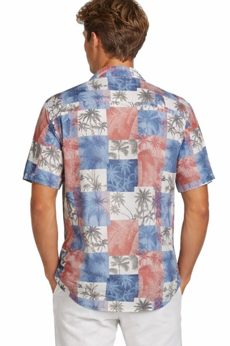 Coral Slate Patchwork Palm Short Sleeve Shirt – Tropical Tide Collection - MCX3836 - Casual Tropical Wear