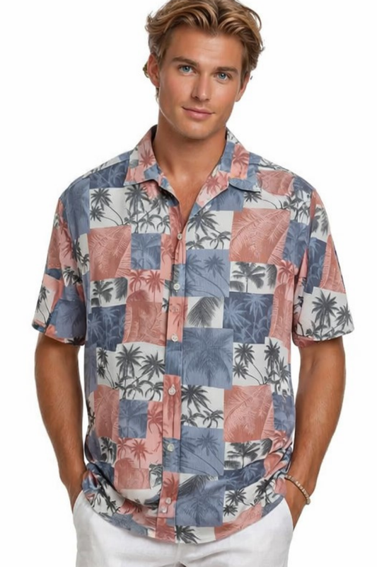 Coral Slate Patchwork Palm Short Sleeve Shirt – Tropical Tide Collection - MCX3836 - Casual Tropical Wear