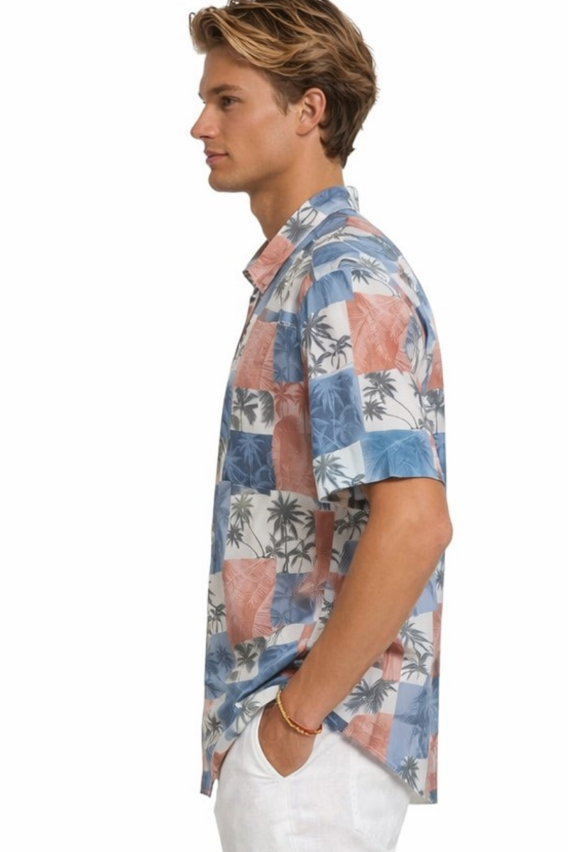 Coral Slate Patchwork Palm Short Sleeve Shirt – Tropical Tide Collection - MCX3836 - Casual Tropical Wear