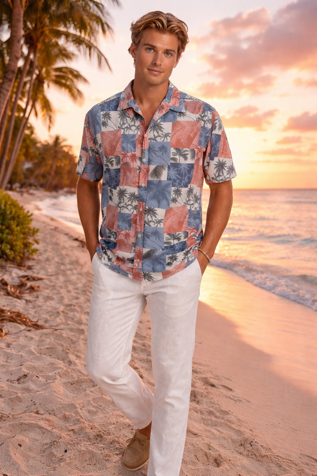 Coral Slate Patchwork Palm Short Sleeve Shirt – Tropical Tide Collection - MCX3836 - Casual Tropical Wear