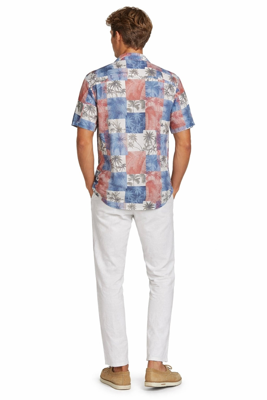 Coral Slate Patchwork Palm Short Sleeve Shirt – Tropical Tide Collection - MCX3836 - Casual Tropical Wear