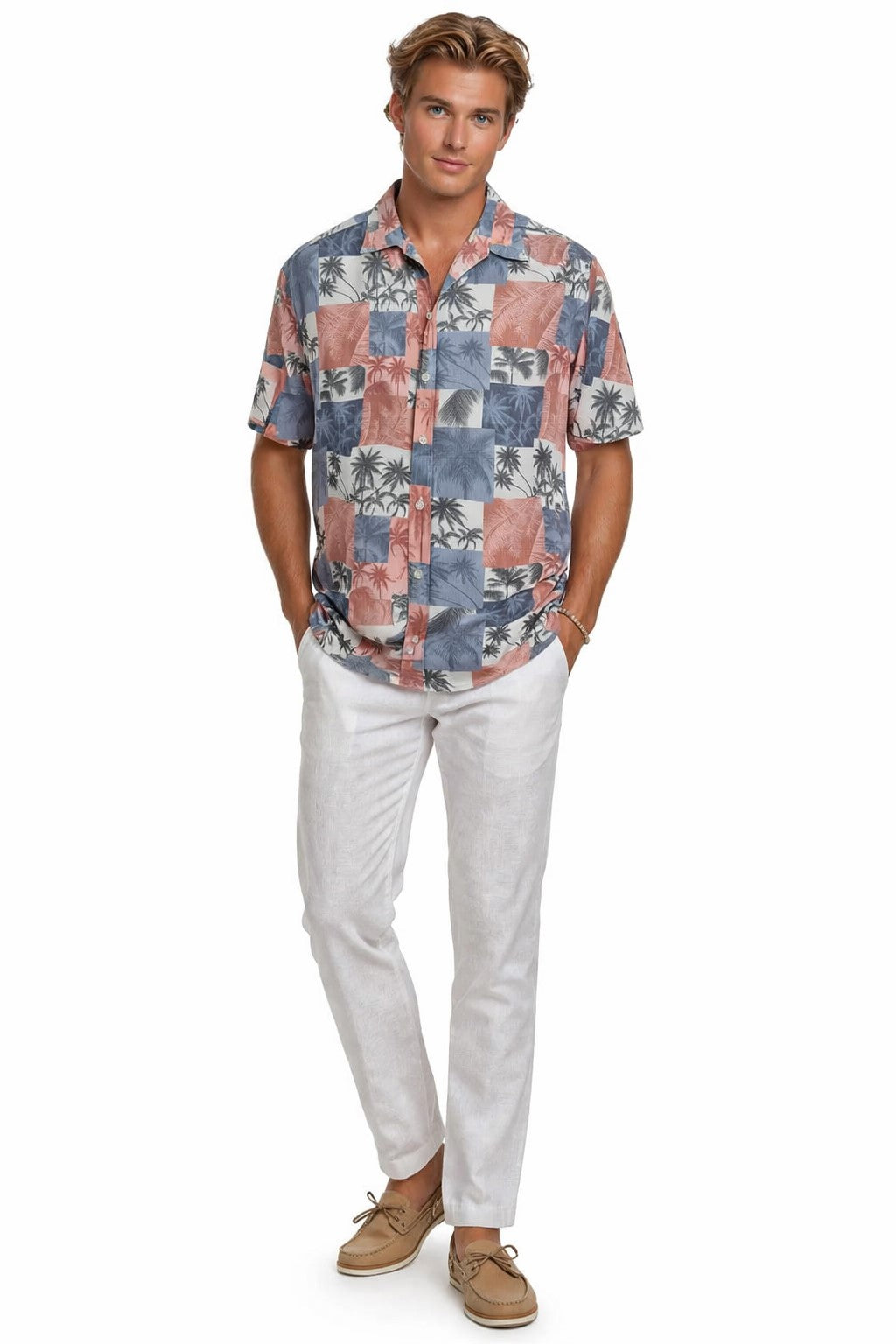 Coral Slate Patchwork Palm Short Sleeve Shirt – Tropical Tide Collection - MCX3836 - Casual Tropical Wear