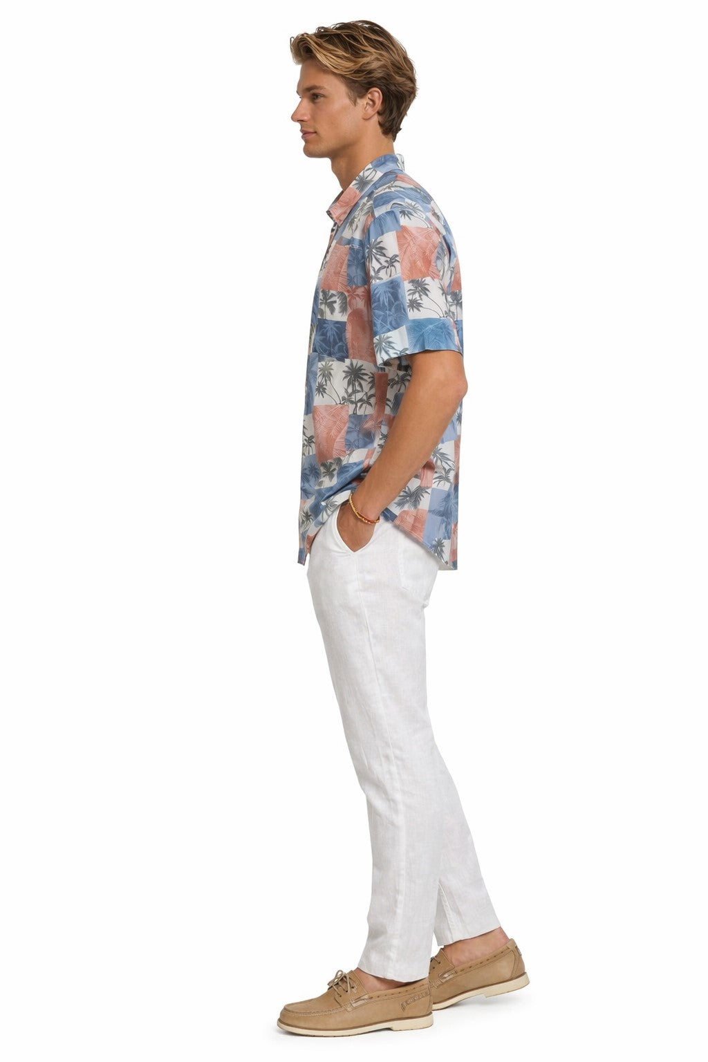 Coral Slate Patchwork Palm Short Sleeve Shirt – Tropical Tide Collection - MCX3836 - Casual Tropical Wear