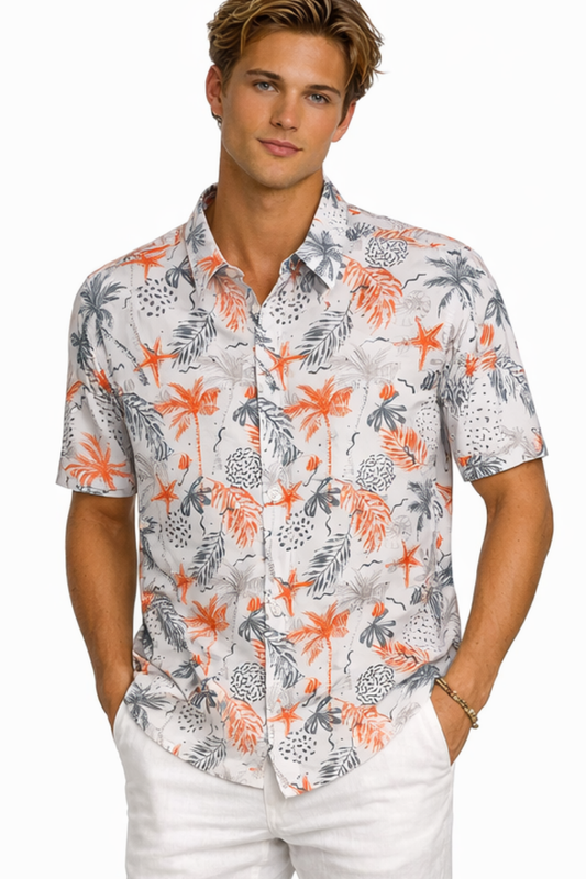 Coral Reef Sketch Print Short Sleeve Shirt – Tropical Tide Collection -MCX3837 - Casual Tropical Wear