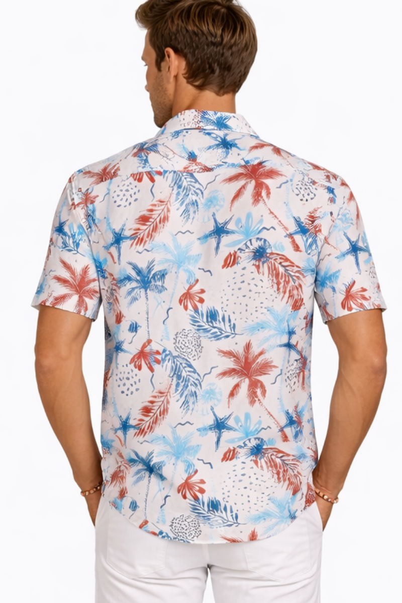 Coral Blue Coastal Sketch Print Short Sleeve Shirt – Tropical Tide Collection - MCX3838 - Casual Tropical Wear