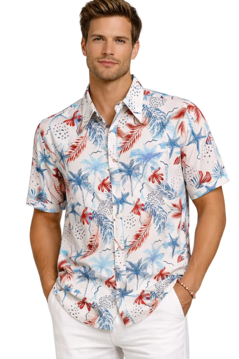 Coral Blue Coastal Sketch Print Short Sleeve Shirt – Tropical Tide Collection - MCX3838 - Casual Tropical Wear