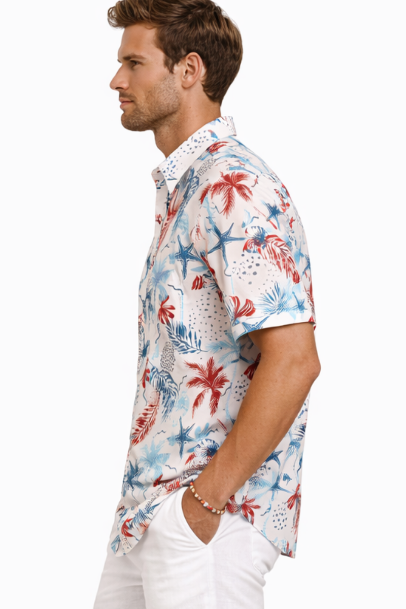 Coral Blue Coastal Sketch Print Short Sleeve Shirt – Tropical Tide Collection - MCX3838 - Casual Tropical Wear