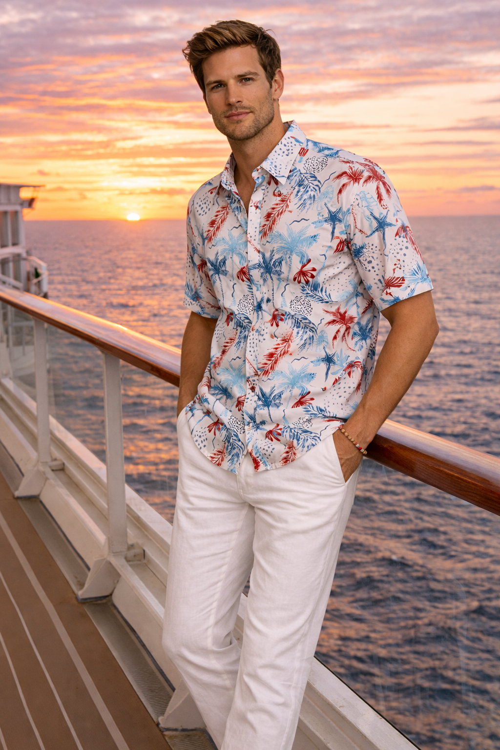 Coral Blue Coastal Sketch Print Short Sleeve Shirt – Tropical Tide Collection - MCX3838 - Casual Tropical Wear
