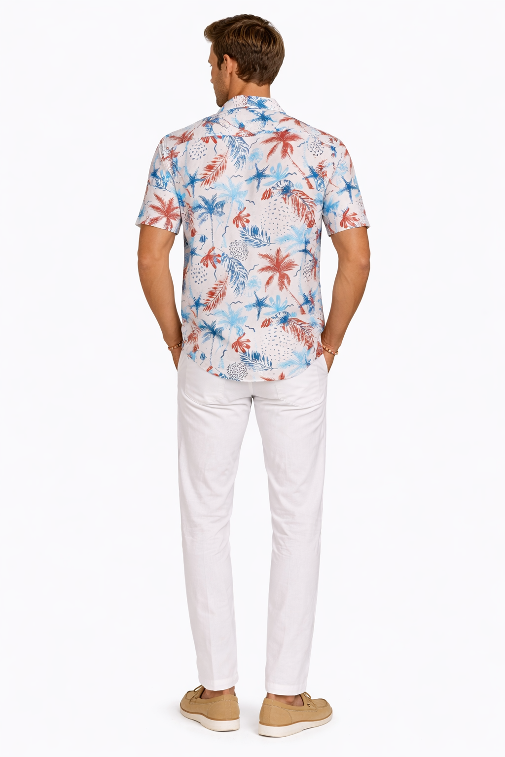 Coral Blue Coastal Sketch Print Short Sleeve Shirt – Tropical Tide Collection - MCX3838 - Casual Tropical Wear