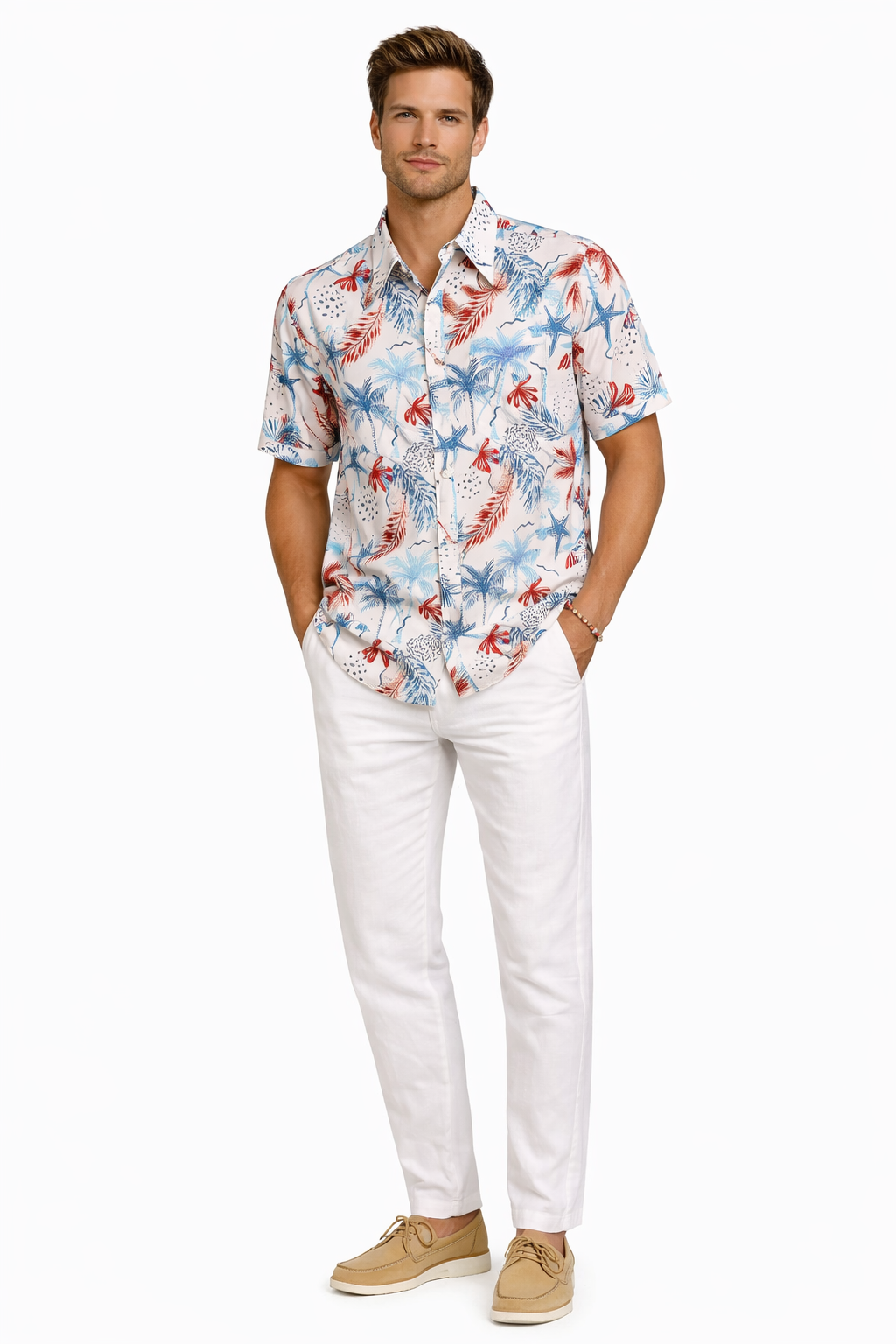 Coral Blue Coastal Sketch Print Short Sleeve Shirt – Tropical Tide Collection - MCX3838 - Casual Tropical Wear