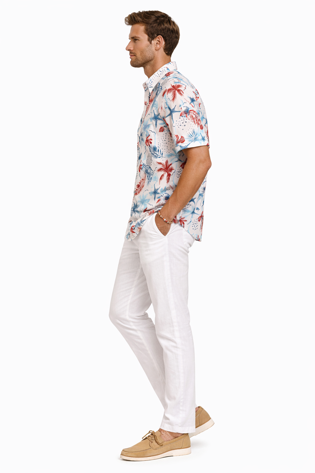 Coral Blue Coastal Sketch Print Short Sleeve Shirt – Tropical Tide Collection - MCX3838 - Casual Tropical Wear