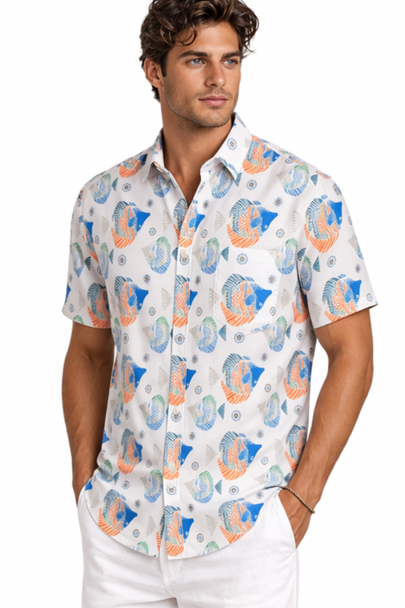 Coral Reef Fish Print Short Sleeve Shirt – Tropical Tide Collection - MCX3839 - Casual Tropical Wear