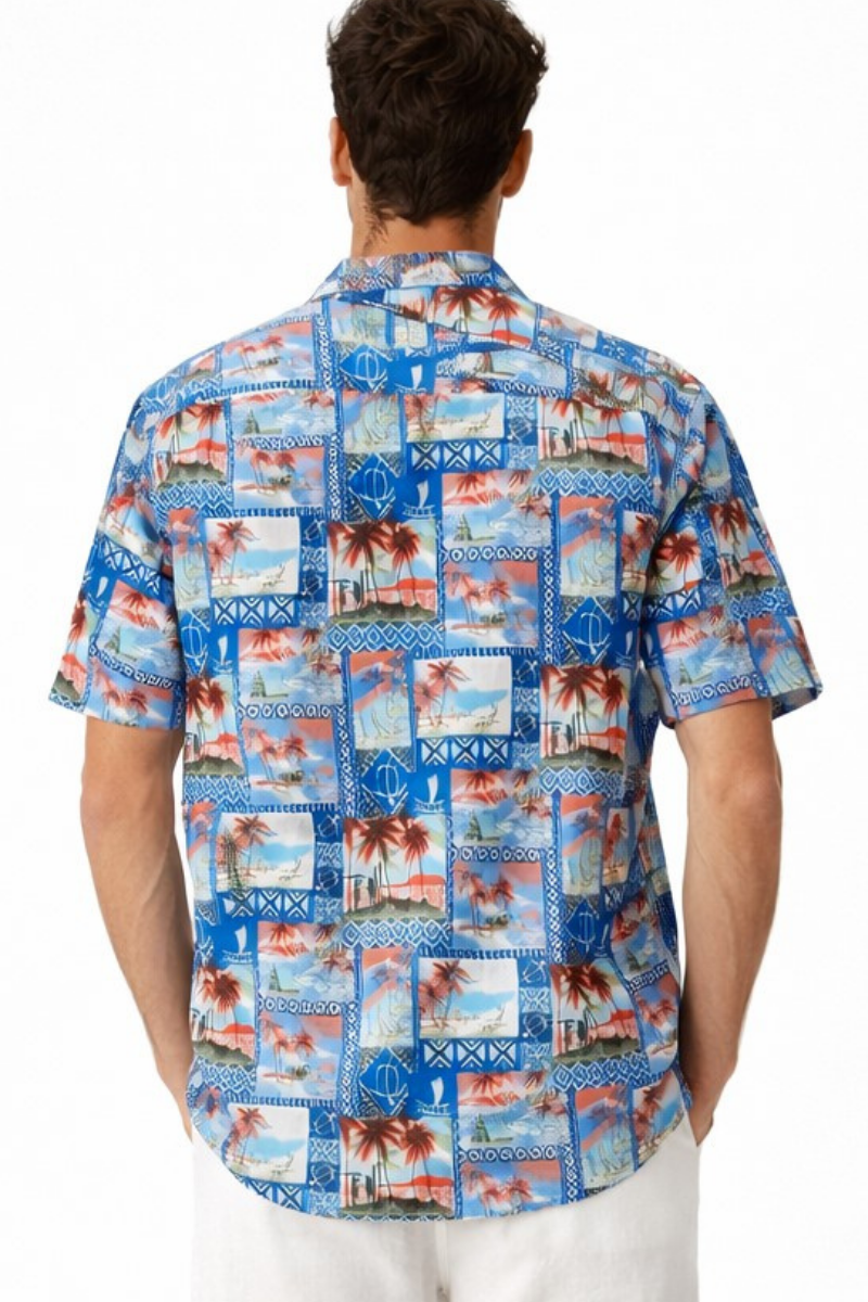 Island Postcard Patchwork Short Sleeve Shirt – Tropical Tide Collection - MCX3840 - Casual Tropical Wear