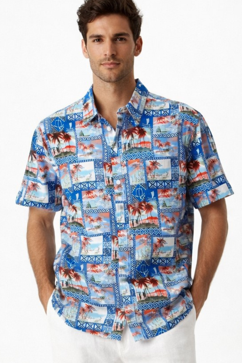 Island Postcard Patchwork Short Sleeve Shirt – Tropical Tide Collection - MCX3840 - Casual Tropical Wear