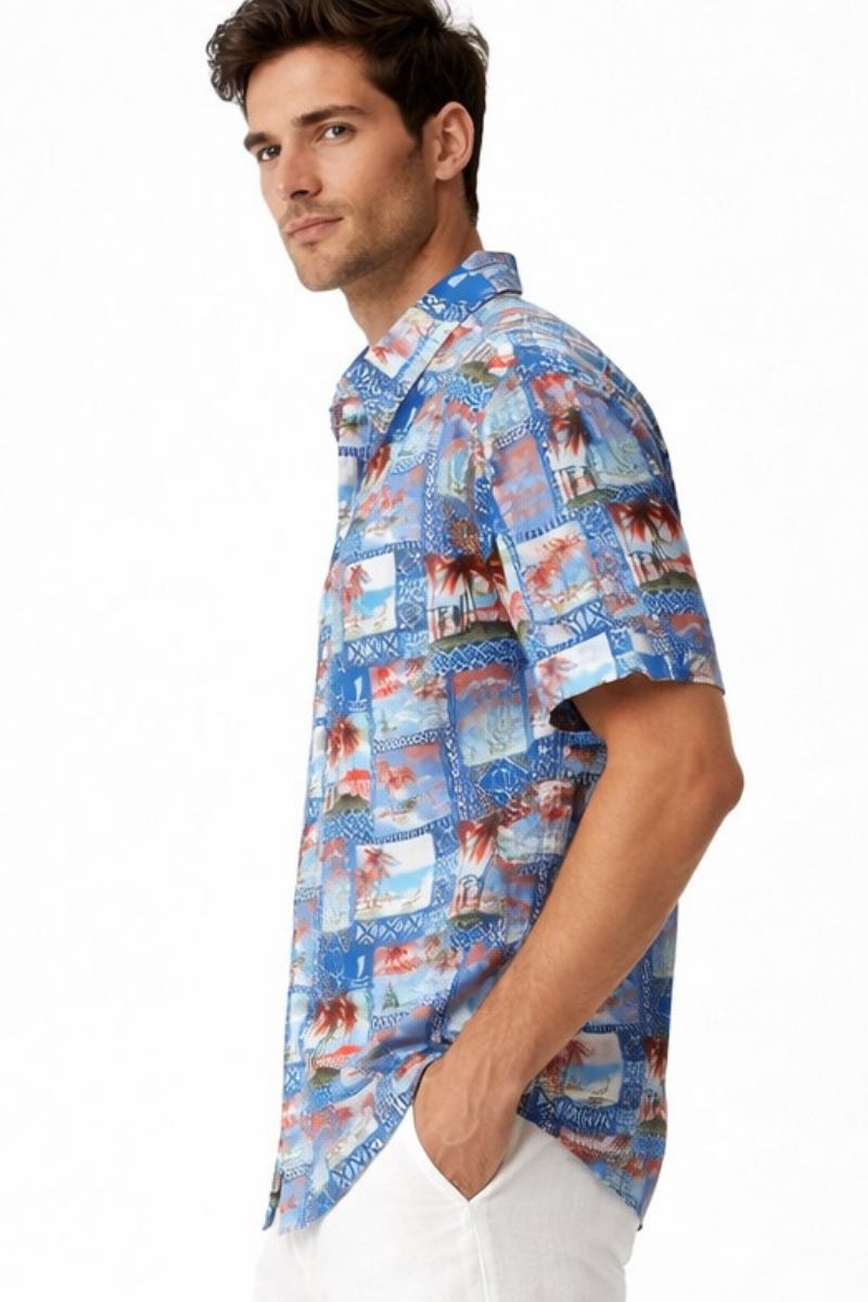 Island Postcard Patchwork Short Sleeve Shirt – Tropical Tide Collection - MCX3840 - Casual Tropical Wear