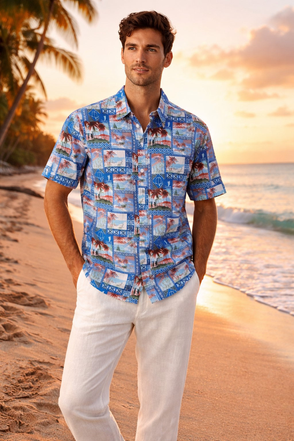 Island Postcard Patchwork Short Sleeve Shirt – Tropical Tide Collection - MCX3840 - Casual Tropical Wear