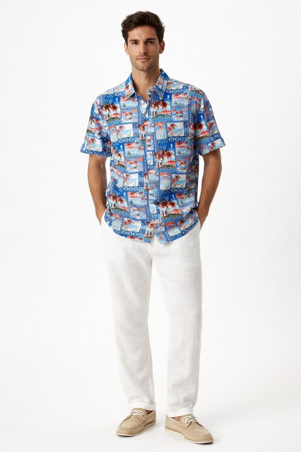 Island Postcard Patchwork Short Sleeve Shirt – Tropical Tide Collection - MCX3840 - Casual Tropical Wear