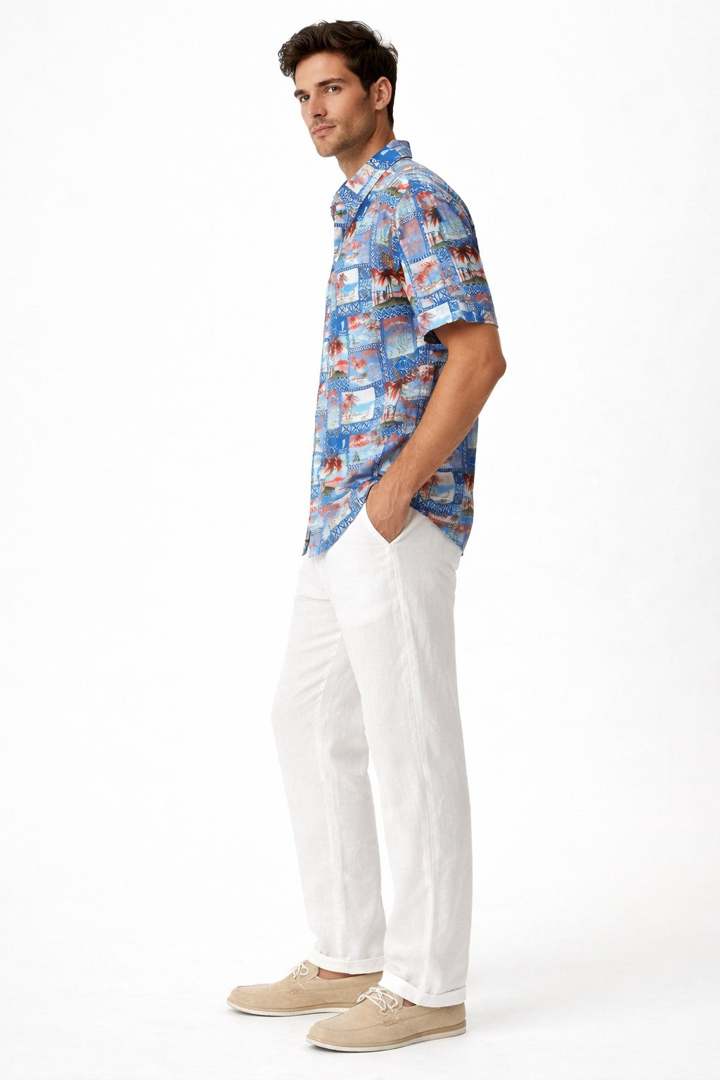 Island Postcard Patchwork Short Sleeve Shirt – Tropical Tide Collection - MCX3840 - Casual Tropical Wear