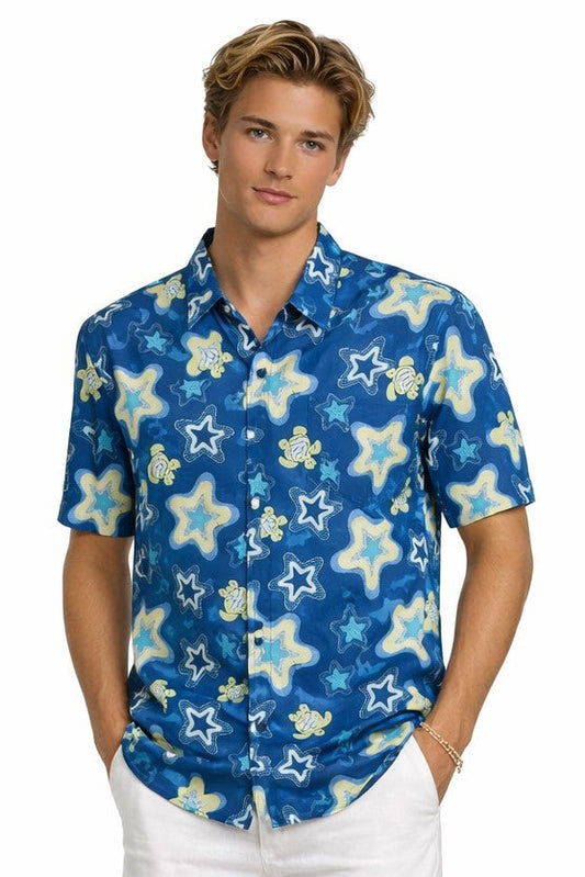 Ocean Starfish Print Short Sleeve Shirt – Tropical Tide Collection - MCX3842 - Casual Tropical Wear