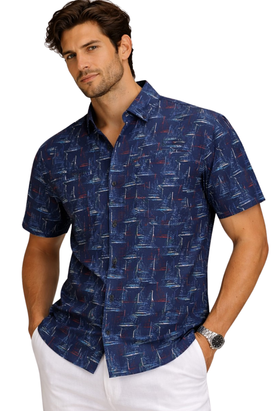 Navy Sailboat Print Fishing Shirt – Salt Water Tide Collection - MCX3843 - Casual Tropical Wear