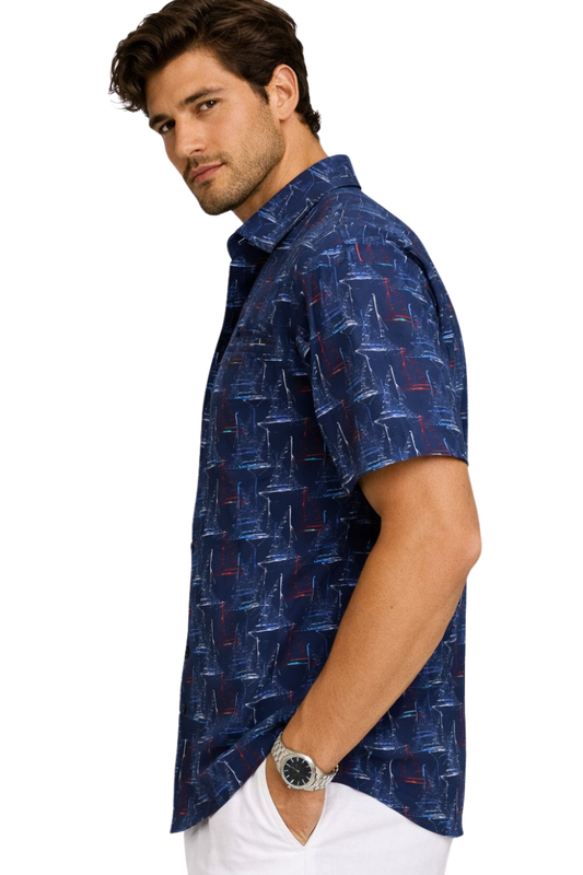 Navy Sailboat Print Fishing Shirt – Salt Water Tide Collection - MCX3843 - Casual Tropical Wear