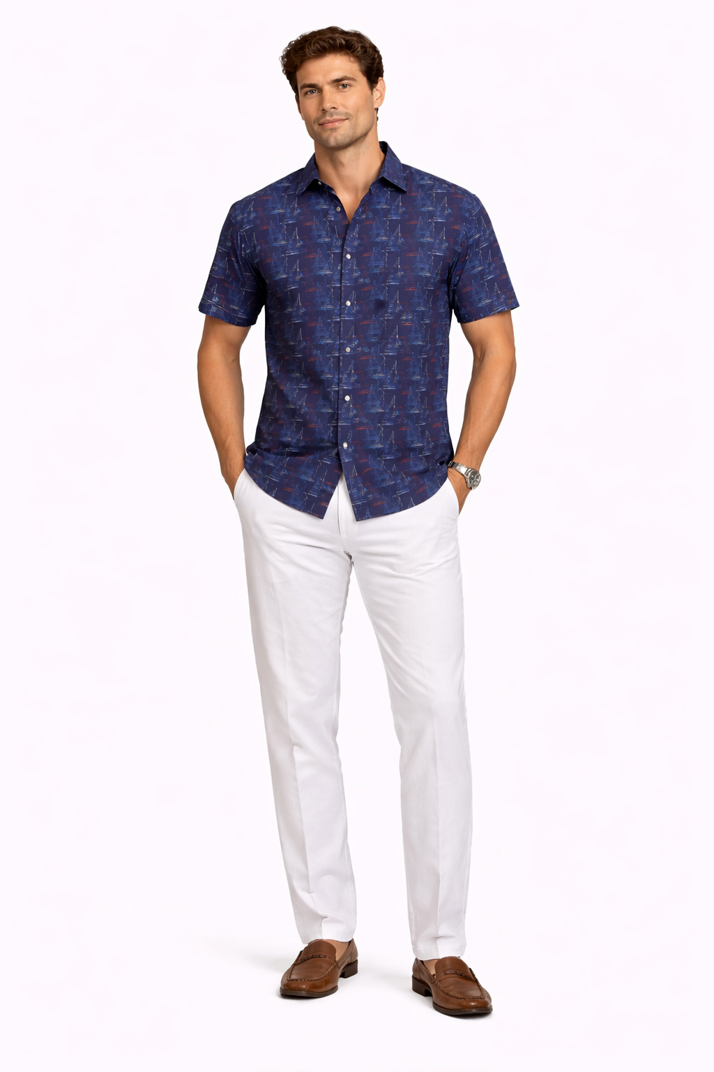Navy Sailboat Print Fishing Shirt – Salt Water Tide Collection - MCX3843 - Casual Tropical Wear