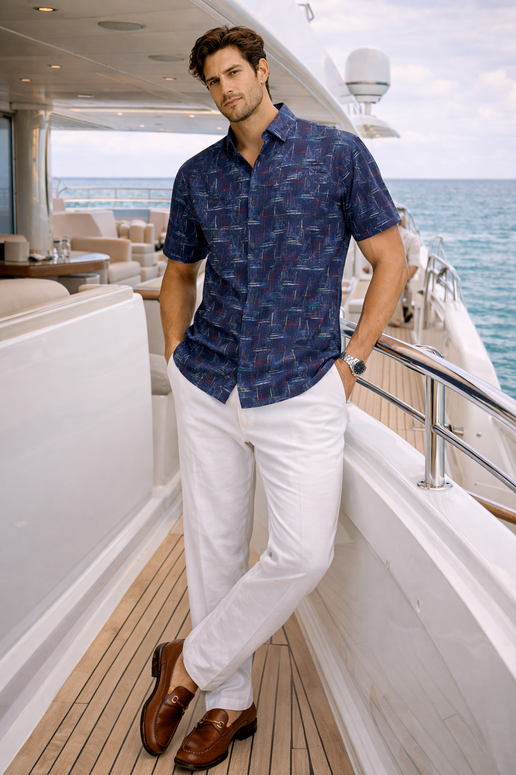 Navy Sailboat Print Fishing Shirt – Salt Water Tide Collection - MCX3843 - Casual Tropical Wear