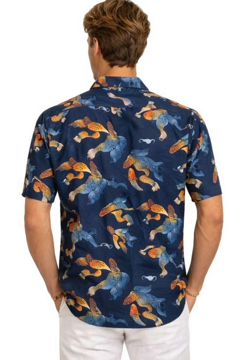 Midnight Koi Fish Print Short Sleeve Shirt – Tropical Tide Collection - MCX3844 - Casual Tropical Wear