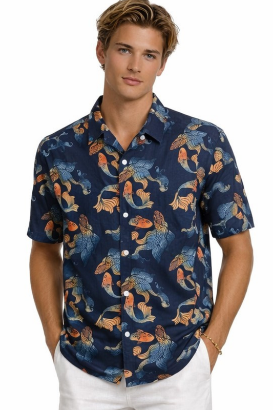 Midnight Koi Fish Print Short Sleeve Shirt – Tropical Tide Collection - MCX3844 - Casual Tropical Wear