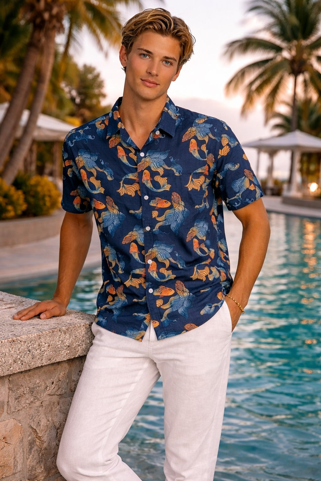 Midnight Koi Fish Print Short Sleeve Shirt – Tropical Tide Collection - MCX3844 - Casual Tropical Wear