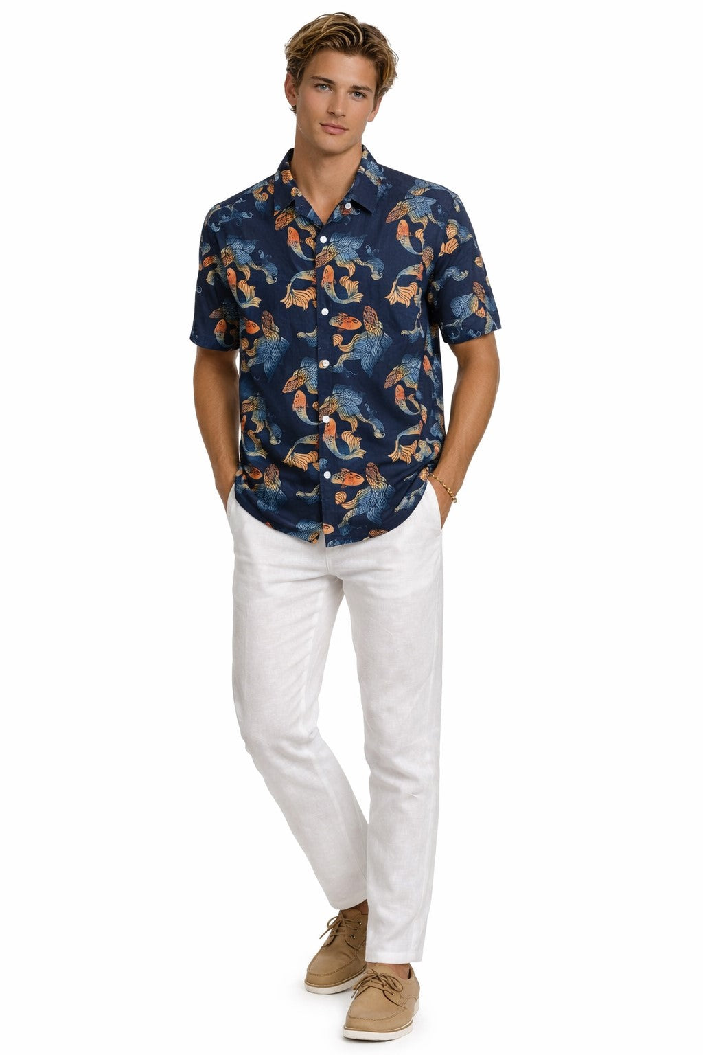 Midnight Koi Fish Print Short Sleeve Shirt – Tropical Tide Collection - MCX3844 - Casual Tropical Wear
