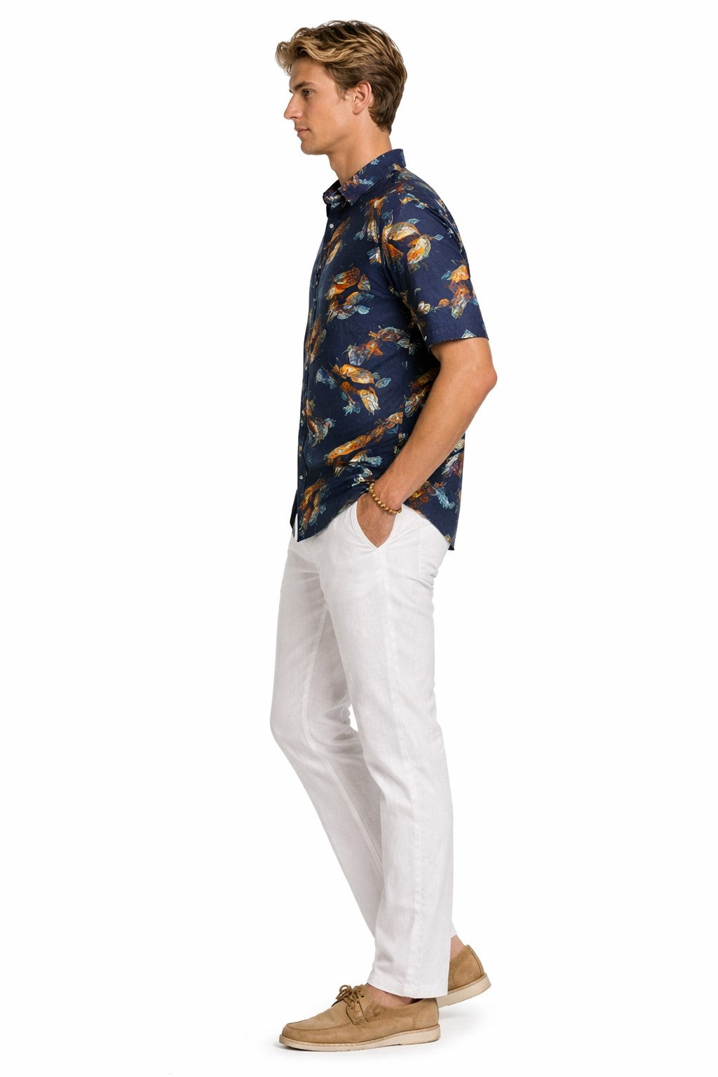 Midnight Koi Fish Print Short Sleeve Shirt – Tropical Tide Collection - MCX3844 - Casual Tropical Wear