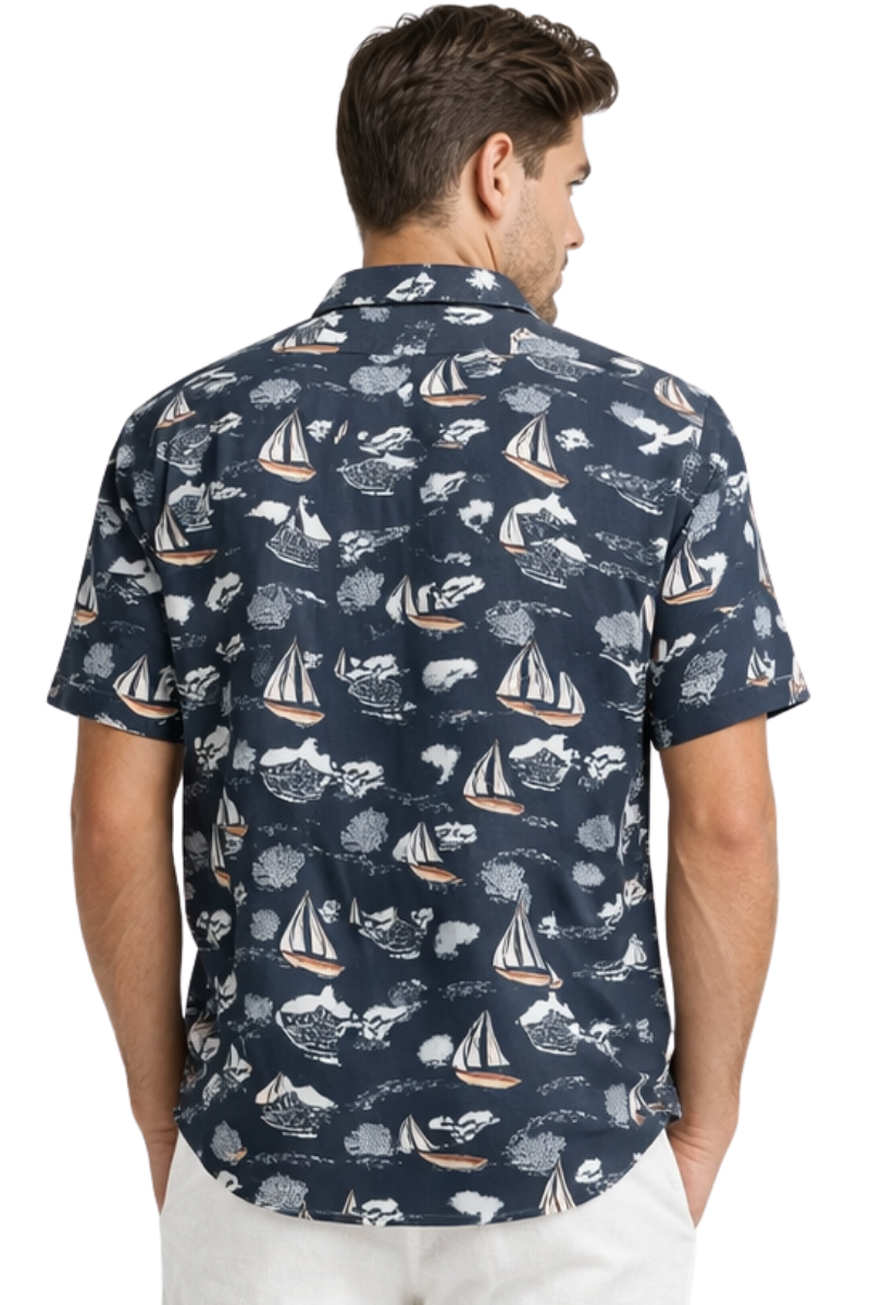 Navy Coastal Sailboat Print Short Sleeve Shirt – Tropical Tide Collection - MCX3845 - Casual Tropical Wear