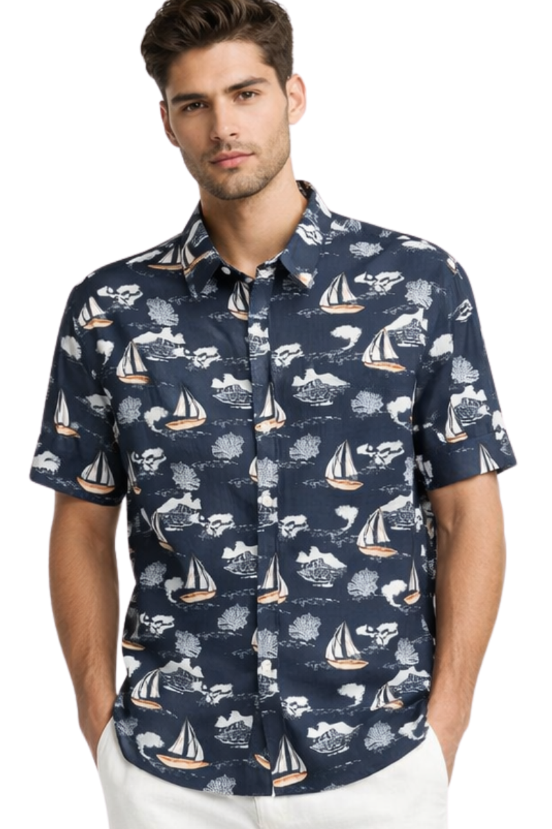 Navy Coastal Sailboat Print Short Sleeve Shirt – Tropical Tide Collection - MCX3845 - Casual Tropical Wear