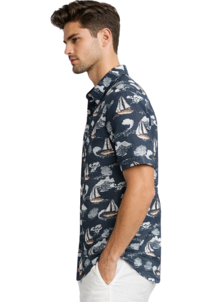 Navy Coastal Sailboat Print Short Sleeve Shirt – Tropical Tide Collection - MCX3845 - Casual Tropical Wear