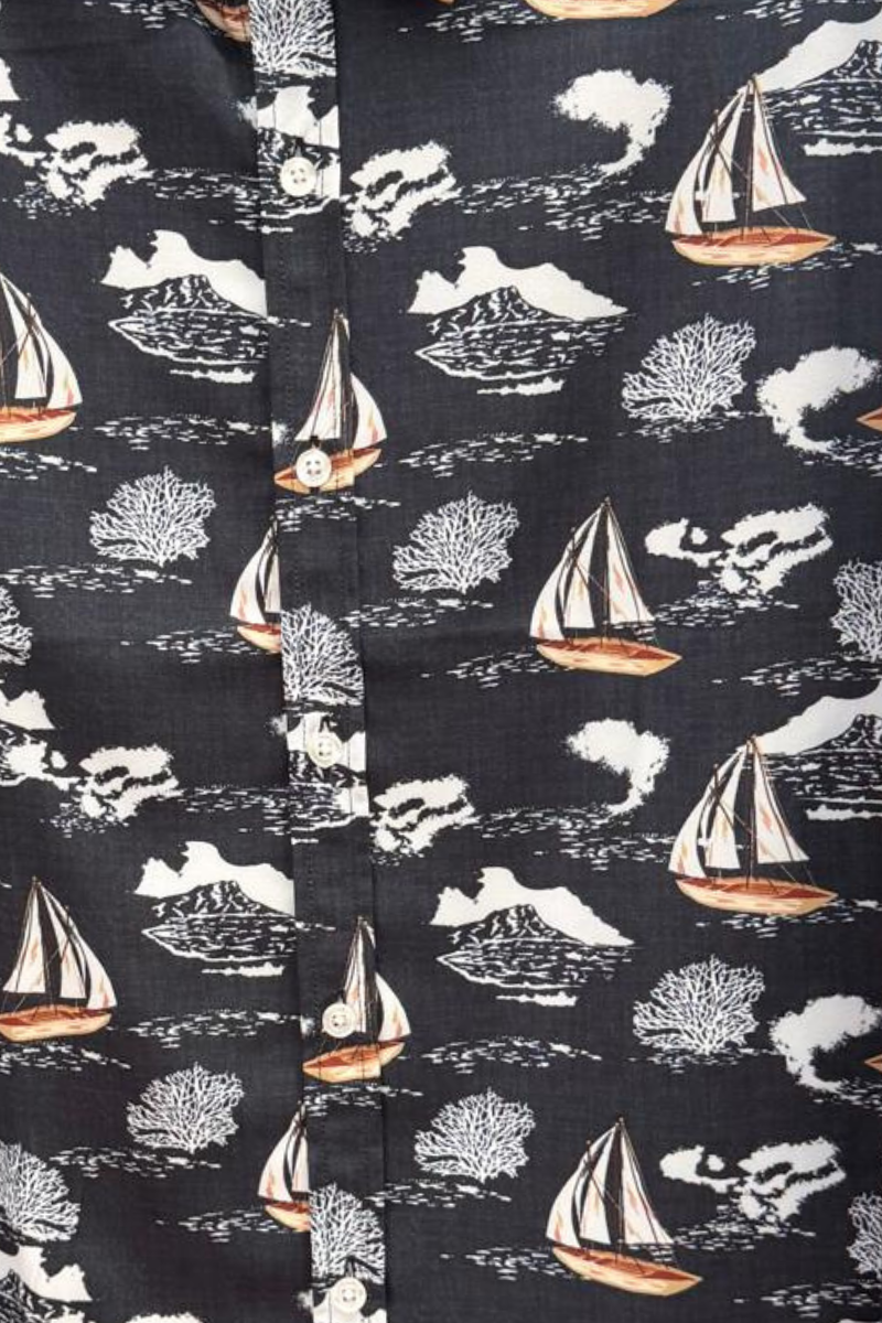 Navy Coastal Sailboat Print Short Sleeve Shirt – Tropical Tide Collection - MCX3845 - Casual Tropical Wear