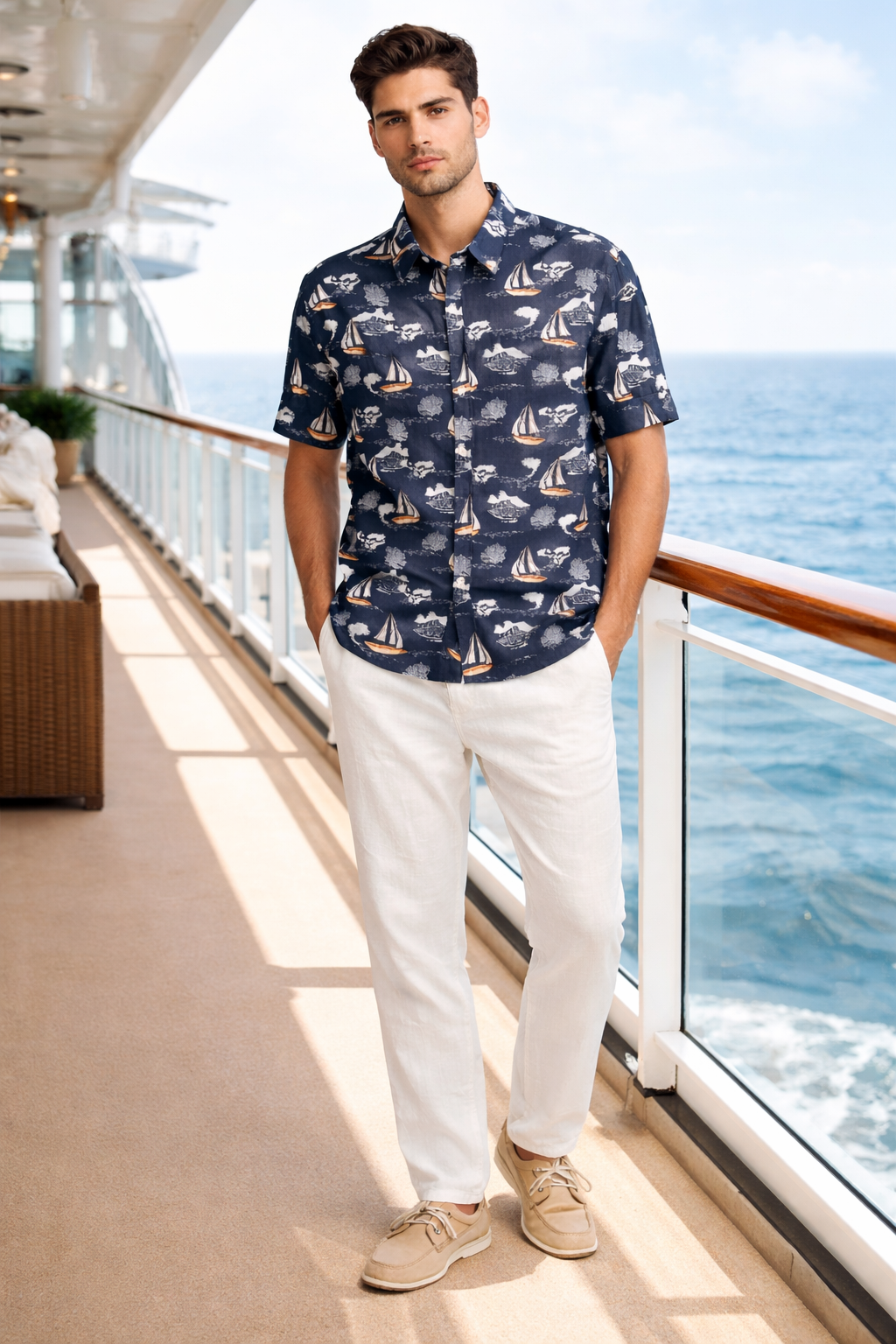 Navy Coastal Sailboat Print Short Sleeve Shirt – Tropical Tide Collection - MCX3845 - Casual Tropical Wear