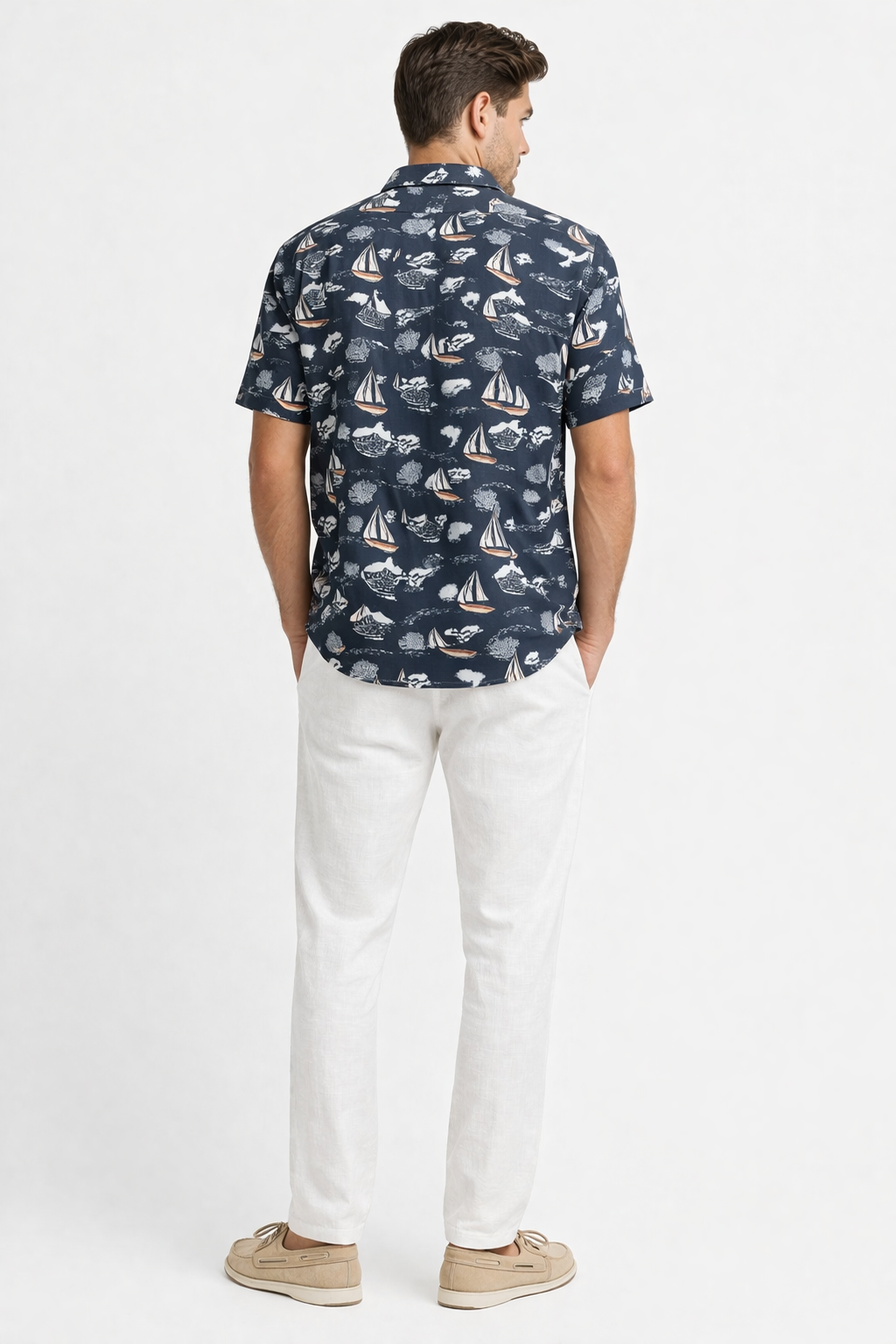 Navy Coastal Sailboat Print Short Sleeve Shirt – Tropical Tide Collection - MCX3845 - Casual Tropical Wear