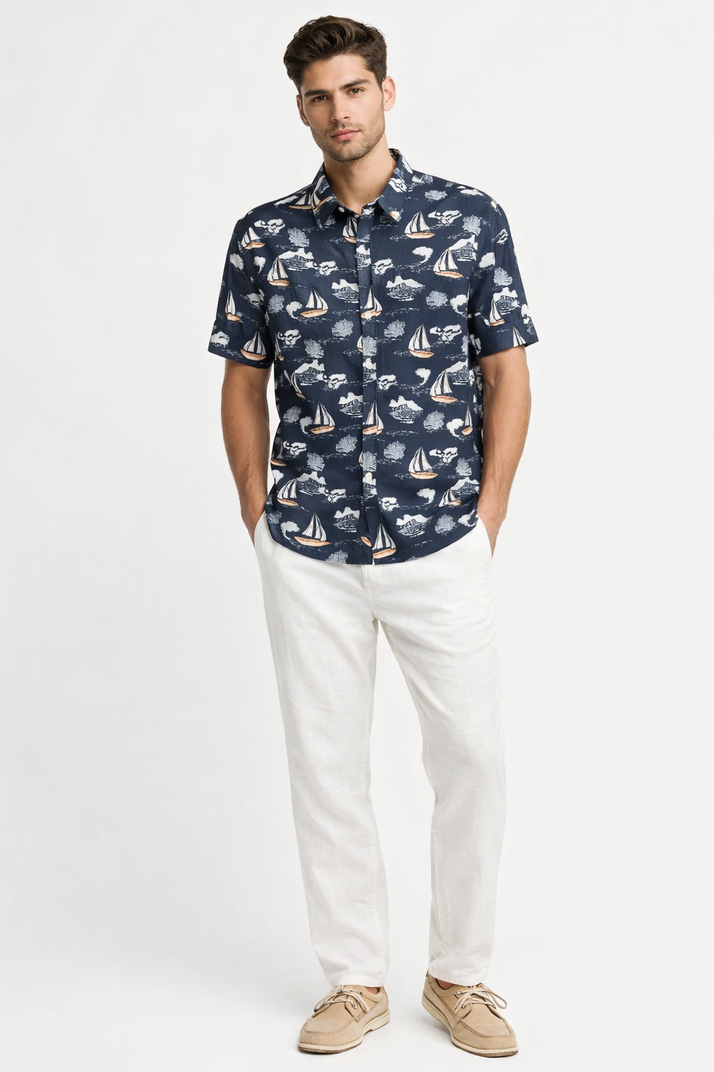 Navy Coastal Sailboat Print Short Sleeve Shirt – Tropical Tide Collection - MCX3845 - Casual Tropical Wear